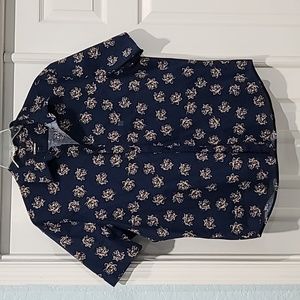 NWT Express S/S Mens Navy & Gold Floral Stretch Btn Dn Shirt. Size: L
